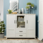 Large Glass Display Cabinet Buffet Sideboard 160cm Soft Close LED Lights White Pine / Oak Effect - Loksa