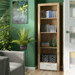 Modern Tall 62cm Bookcase Shelving Cabinet Storage Unit Oak Effect with White Gloss Drawer - Balder