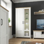 Scandi 2 Door Tall Glass Display Shelving Cabinet Soft Closing LEDs White Pine/Oak Effect Finish - Loksa