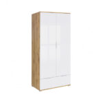 Modern Free Standing 2-Door Double White Gloss/Oak Wardrobe Drawer 90cm - Zele
