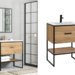 Freestanding Vanity Unit 600mm Bathroom Sink Cabinet Ceramic Basin Black Metal Frame/Oak Loft Industrial Style - Brooklyn