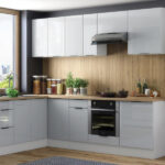 Corner kitchen cabinets. Scandi style kitchen units in Light Grey High Gloss with soft close, legs, black handles. Quality kitchens at affordable prices