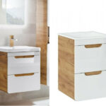 Wall Hung Vanity Unit with Ceramic Sink Slim 40cm 400mm Drawer Bathroom Storage White Gloss Oak - Aruba