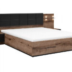 luxury super king size bed frame with black headboard, bedside cabinets with LED light and charges, dark oak finish