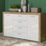 Wide Sideboard Dresser 4 Drawer Chest 155cm Storage unit White Gloss and Oak for living room or bedroom