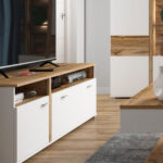 TV Stand Cabinet Unit Modern White / Oak Media Bench Soft Close Door and Drawer Lowboard - Alamo