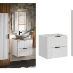 Bathroom 600mm Vanity Set Ribbed Textured White Modern Two Wall Hung Floating Cabinets - Adel