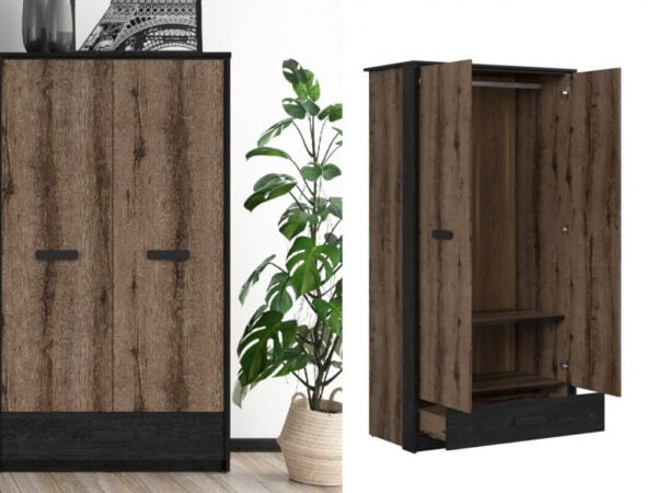 Double Wardrobe with Drawer Hanging Rail 2 Door Storage Unit Oak and Black Effect - Kassel