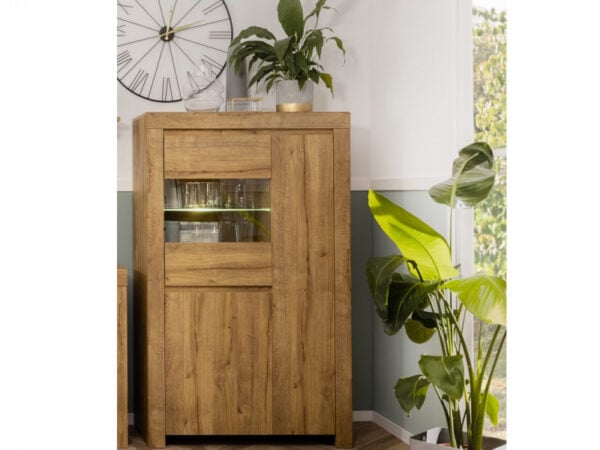 Glass Display Cabinet with LED Lights 3 Door Oak Effect Scandi Storage Shelving Unit - Holten