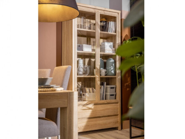 Glass Cabinet Display Unit Tall 2 Door 2 Drawer Glass Shelving Dresser in Sonoma Oak Light Wood Effect - Kaspian