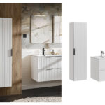 Bathroom Furniture Set 600mm Vanity Unit with Tall Cabinet Tallboy White Ribbed Modern Wall Floating - Adel