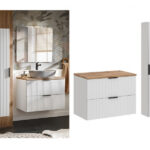 Bathroom 80cm Vanity Oak Effect Countertop Ribbed Textured White Wall Hung Set - Adel