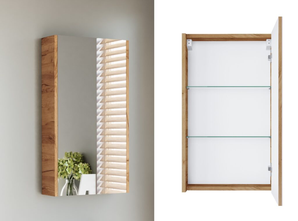 Bathroom Mirror Cabinet Mirrored Small Wall Unit Slimline Cupboard 400mm Storage Gold Craft Oak – Avir
