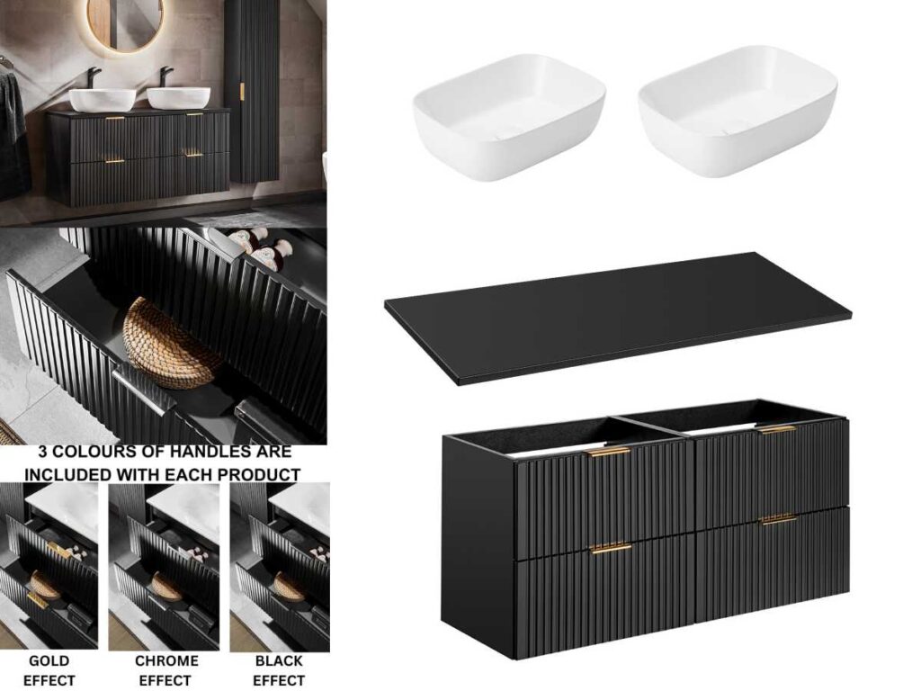 Double Vanity Unit 1200mm Countertop Bathroom Cabinet Fluted Black Wall Hung Floating Drawers White Sink Basin Adel