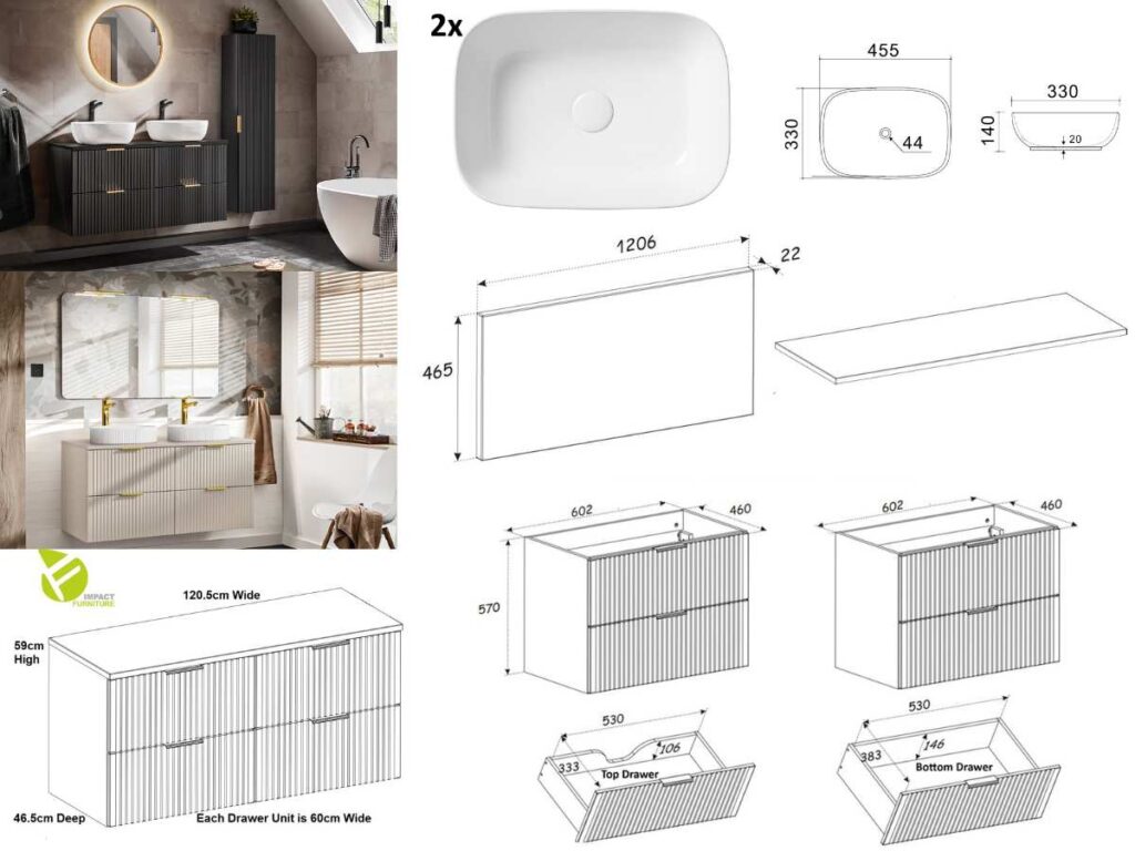 Double Vanity Unit 1200mm Countertop Bathroom Cabinet Fluted Black Wall Hung Floating Drawers White Sink Basin Adel