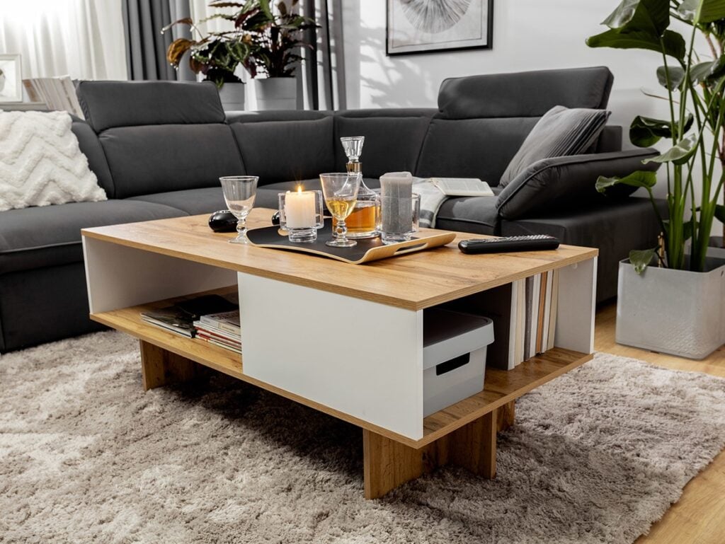 120cm Coffee Table with Storage Shelf Modern Rectangular Open Shelving White Gloss and Oak - Zele