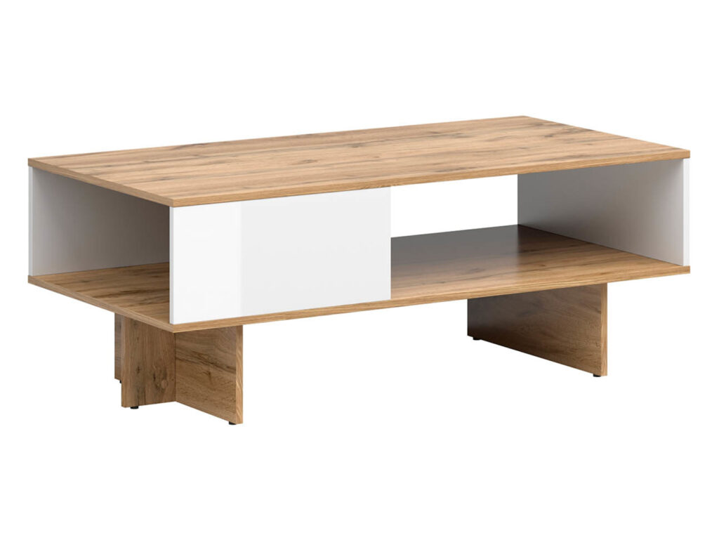 120cm Coffee Table with Storage Shelf Modern Rectangular Open Shelving White Gloss and Oak - Zele
