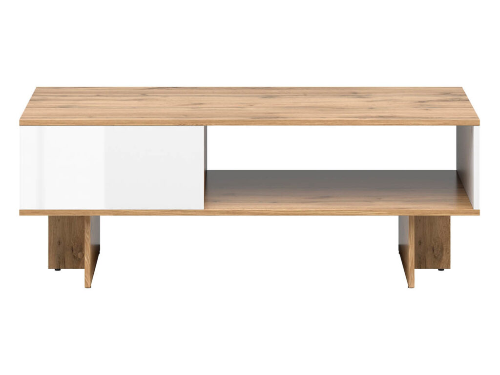 120cm Coffee Table with Storage Shelf Modern Rectangular Open Shelving White Gloss and Oak - Zele