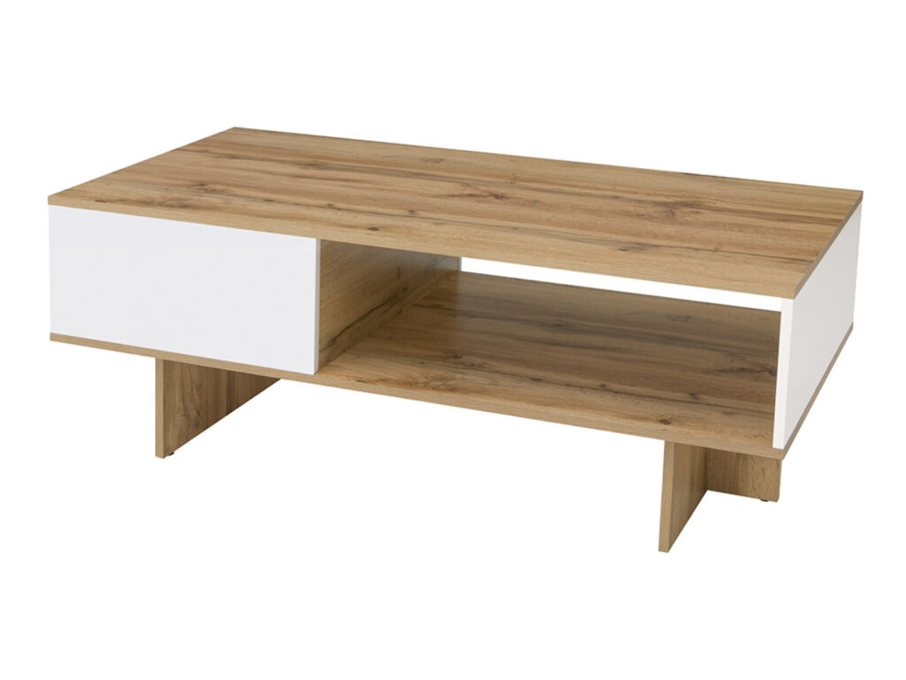 120cm Coffee Table with Storage Shelf Modern Rectangular Open Shelving White Gloss and Oak - Zele