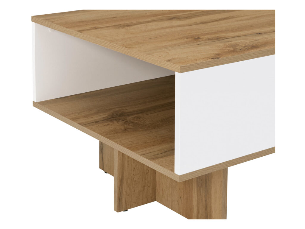 120cm Coffee Table with Storage Shelf Modern Rectangular Open Shelving White Gloss and Oak - Zele