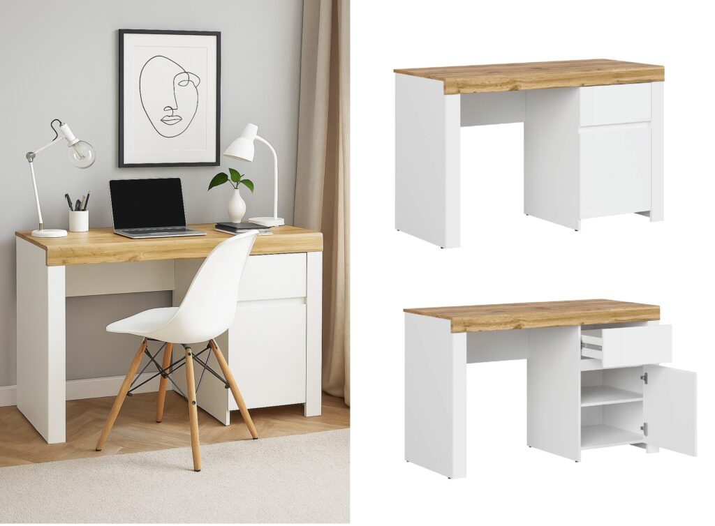 130cm Desk with Drawers Storage Cabinet Large Wide Computer Table Home Office Study White Gloss Oak Scandi - Holten