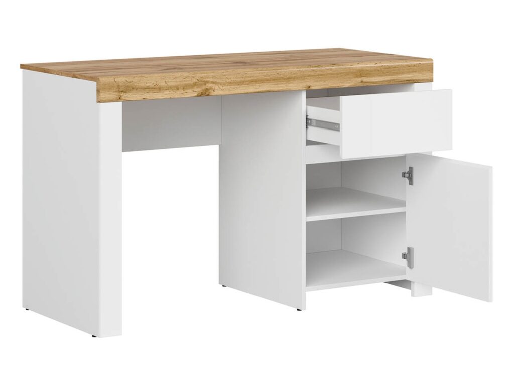 130cm Desk with Drawers Storage Cabinet Large Wide Computer Table Home Office Study White Gloss Oak Scandi - Holten