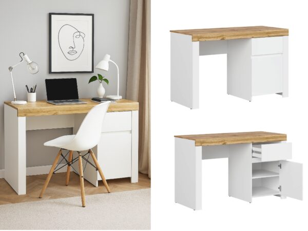 130cm desk with drawer and storge cupboard white gloss doors with with wide oak top