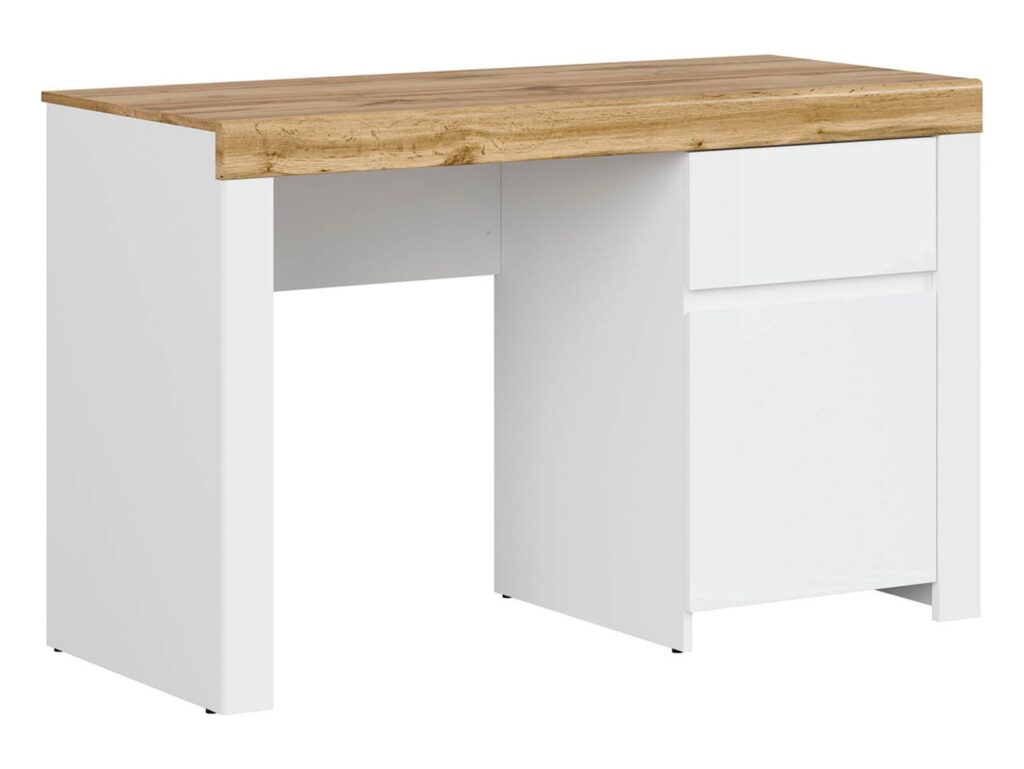 130cm Desk with Drawers Storage Cabinet Large Wide Computer Table Home Office Study White Gloss Oak Scandi - Holten