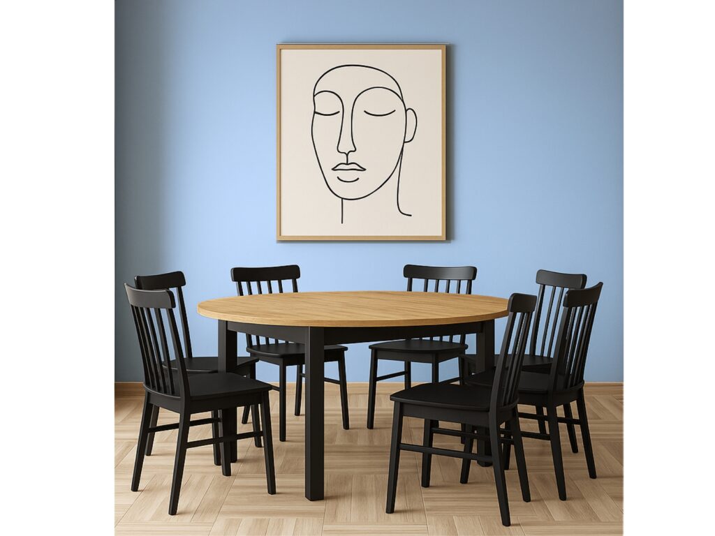 Round Extendable Dining Table Oval Oak Effect Top Black Legs 4 6 8 10 12 Seater Extends 105cm to 240cm – Indus