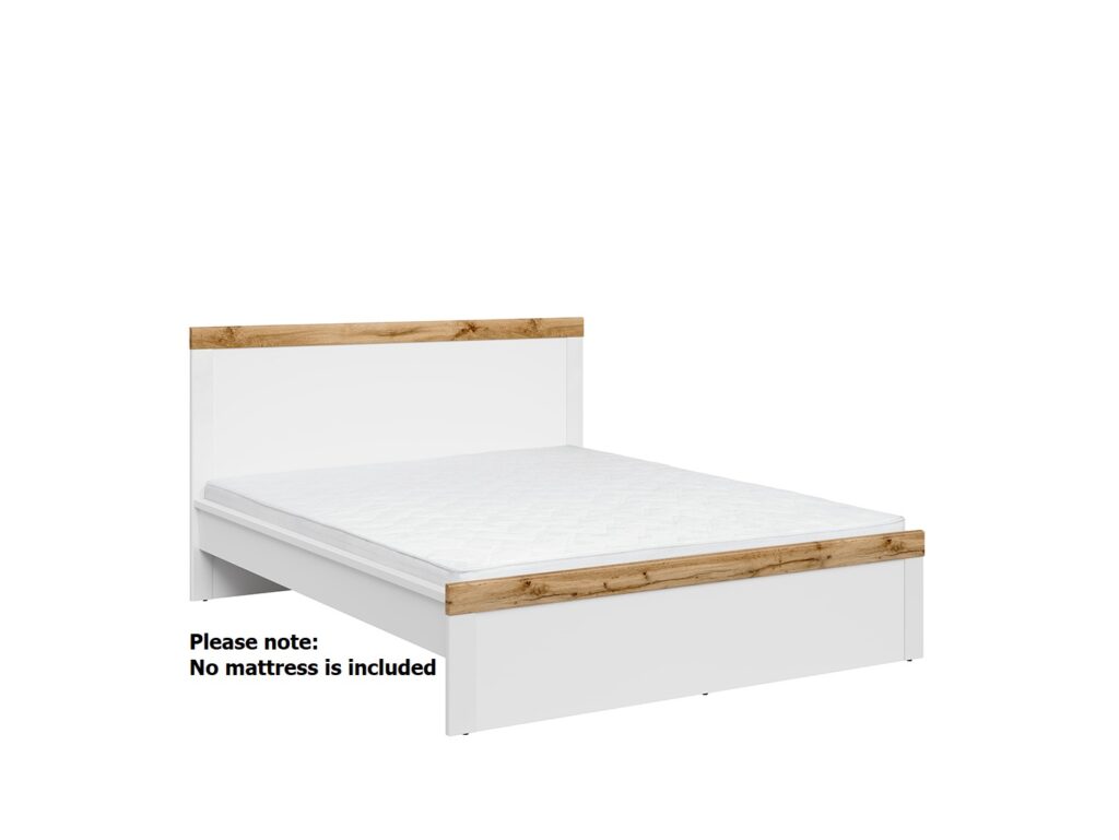 Scandi King Size Bed Frame with 160cm Euro Wooden Slats White Gloss and Oak High Headboard - Holten