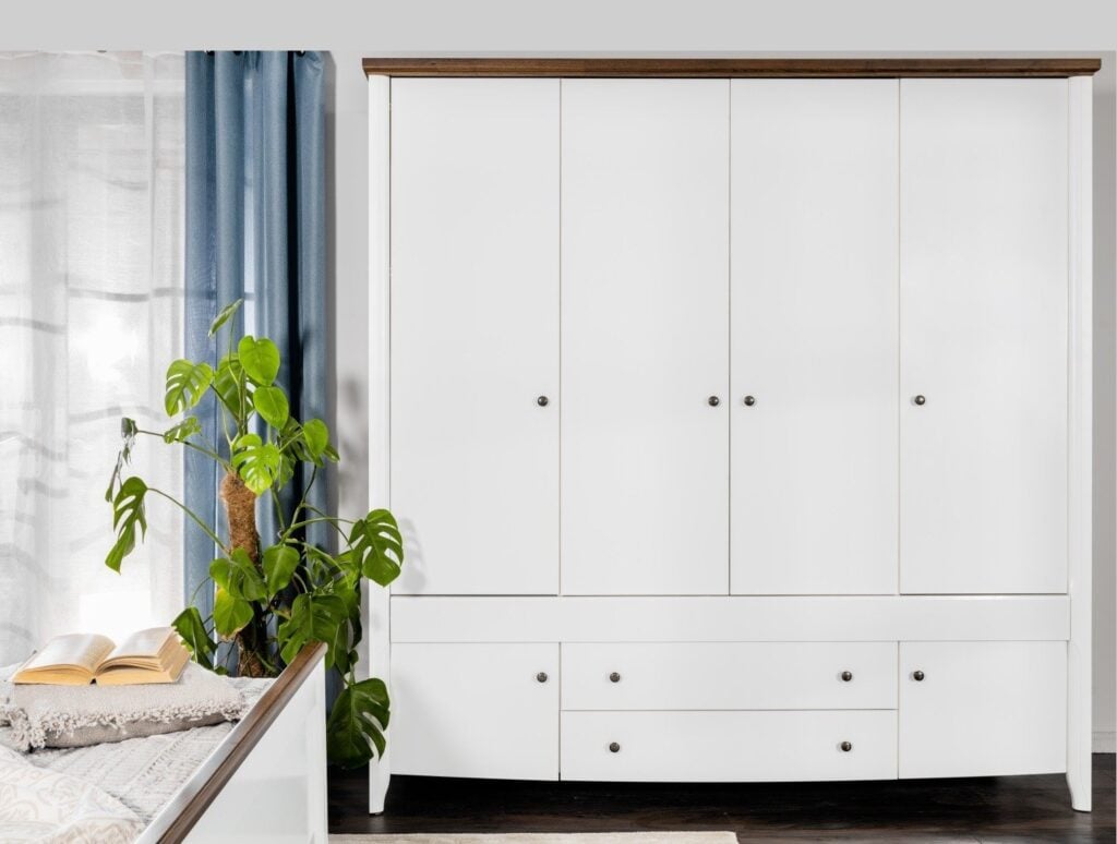 4 Door Wardrobe with Drawers Quad Bedroom Storage Shelves Hanging Rail Solid Dark Wood with White Gloss - Kalio