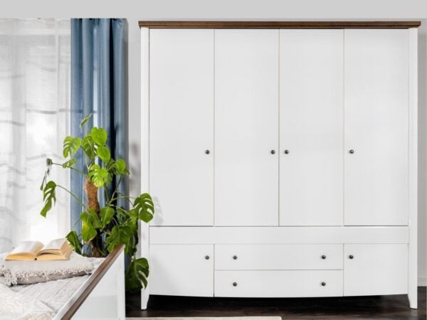 4 door wardrobe with drawers solid wood top white gloss doors