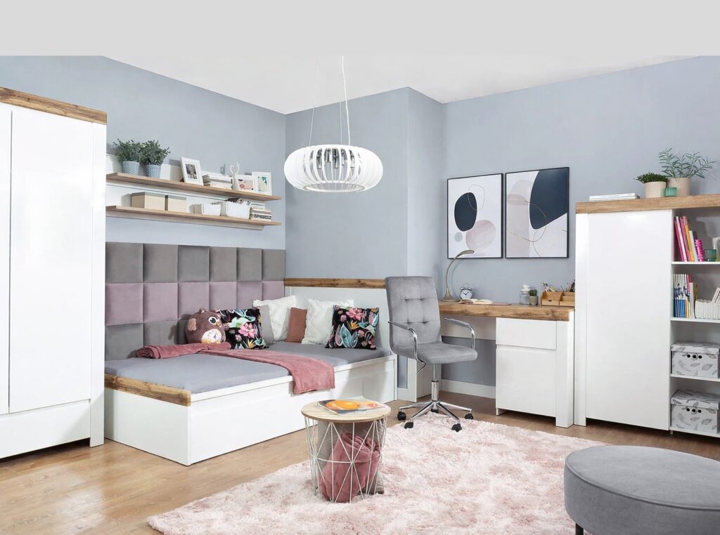 Small Double Bed Frame White Gloss and Oak High Headboard Scandi - Holten