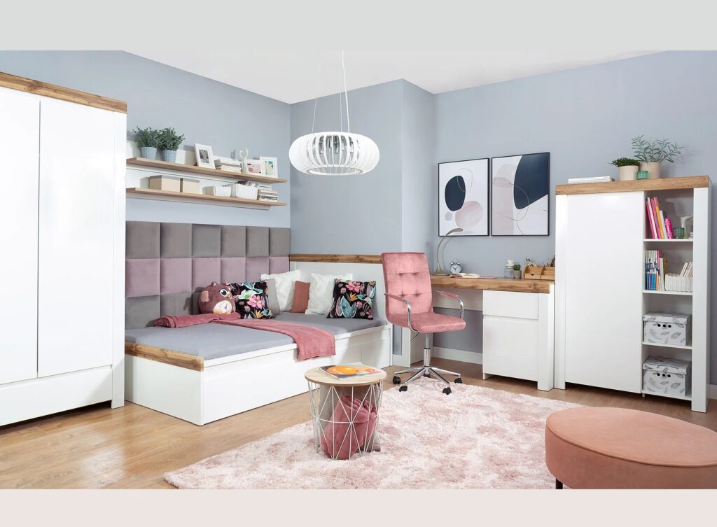 Small Double Bed Frame White Gloss and Oak High Headboard Scandi - Holten