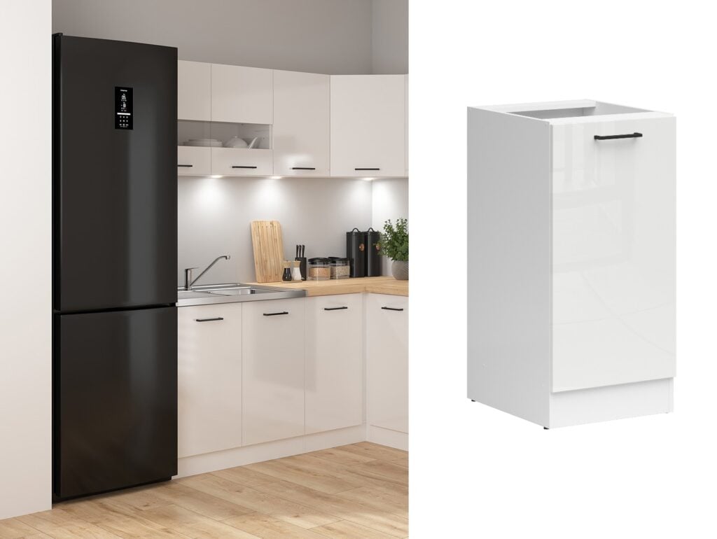 400mm Kitchen Base Unit Cabinet Modern Freestanding Cupboard Right Hand Chalk White Gloss - Junona