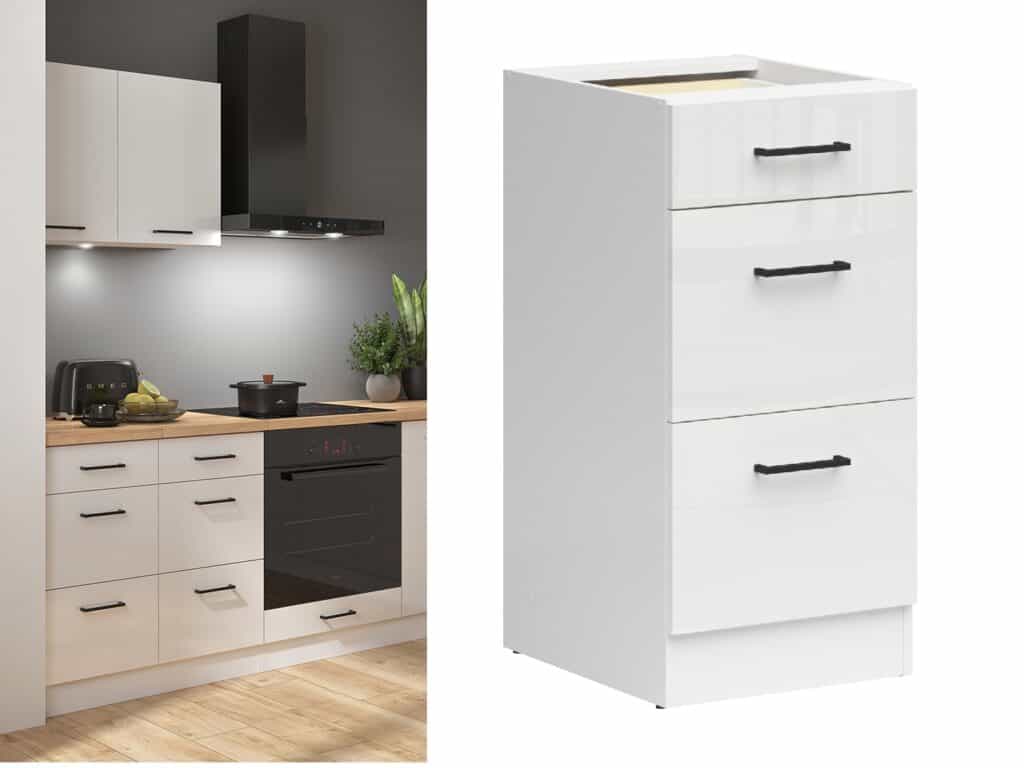 Kitchen Drawer Unit Cabinet 400mm Base 3 Drawer Storage Modern Freestanding Chalk White Gloss - Junona