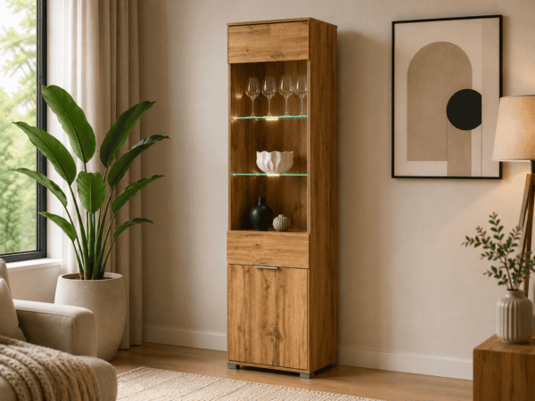 tall glass display cabinet oak effect zele with led lights