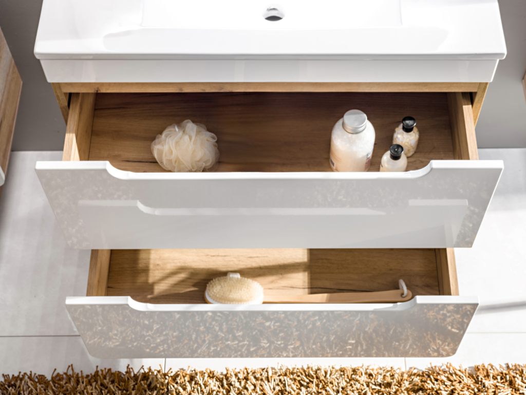 Wall Hung Vanity Unit with Drawers Oak Effect and White Gloss Floating Bathroom Cabinet - Aruba