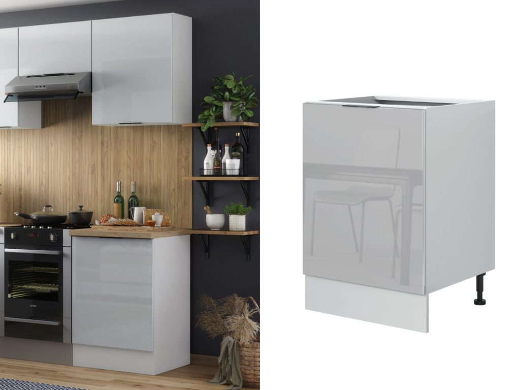 Kitchen Cabinet 600mm Base Unit Freestanding Storage Cupboard Light Grey Gloss - Star