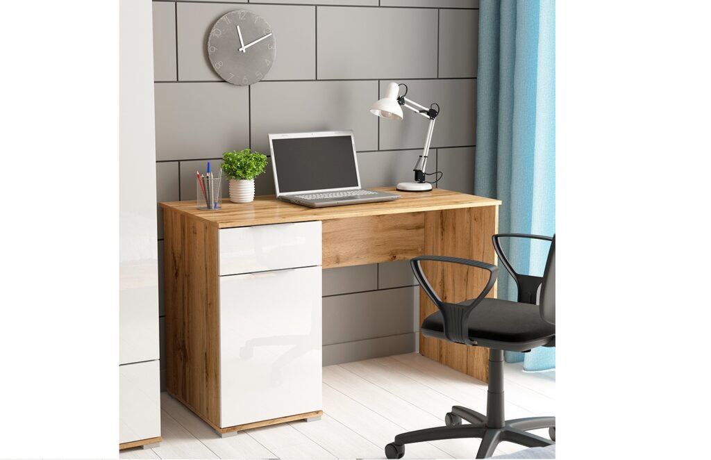 Office Desk with Drawer Cabinet Storage Modern White Gloss and Oak Computer Study 120cm Desk - Zele