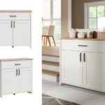 Scandi compact sideboard small cabinet with top drawer and 2 doors as well as Oak effect top. Unit is in white wash wood effect shabby chic finish. Scandinavian style sideboard cabinet in combination of white pine effect and oak effect top.