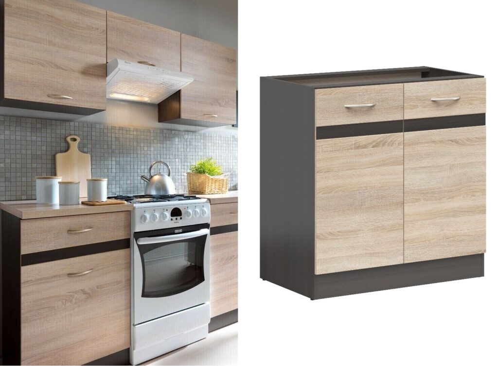 Kitchen Base Unit 800mm Cabinet 2 Door 80cm Cupboard Storage Dark Wood Wenge and Light Oak Effect - Junona
