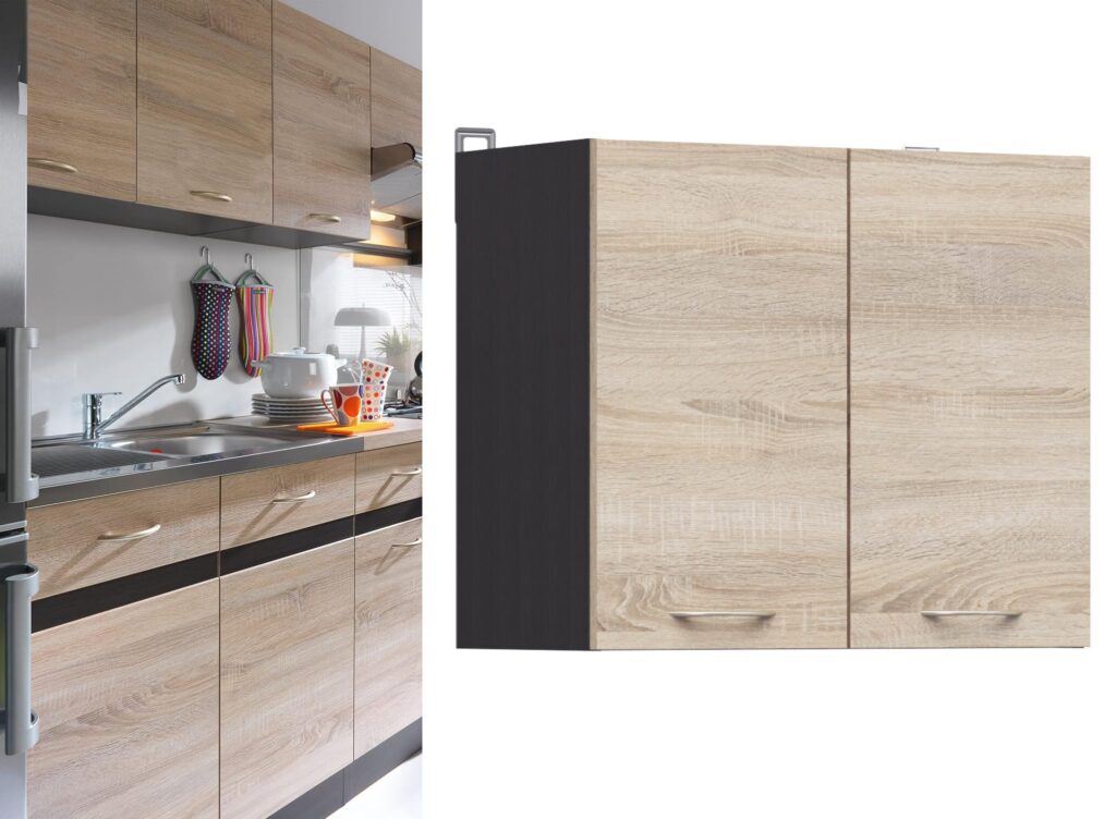 Kitchen Wall Cabinet 800mm Unit Complete Cupboard Dark Wood Wenge and Light Oak Effect 2 Door - Junona