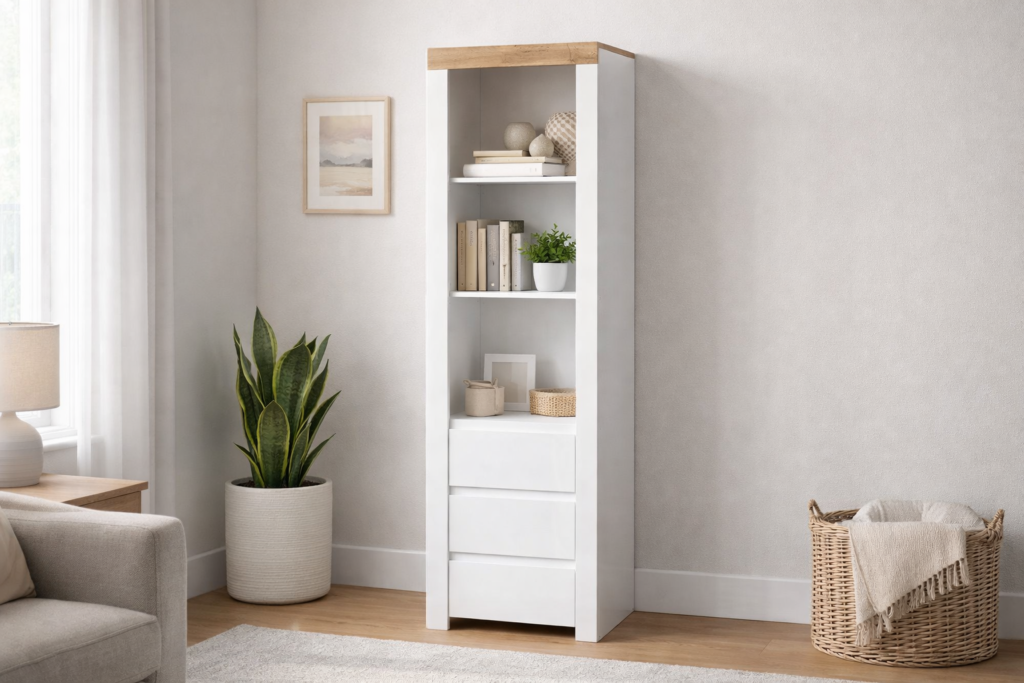 Tall Shelving Unit Slim Narrow Bookcase White Gloss Cabinet 3 Drawers Oak Scandi Living Room Storage - Holten