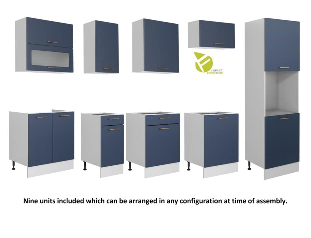 Kitchen Cabinets Set Dark Blue 9 Units Tall Oven Housing Glass Wall Display 300cm Full Package - Nora