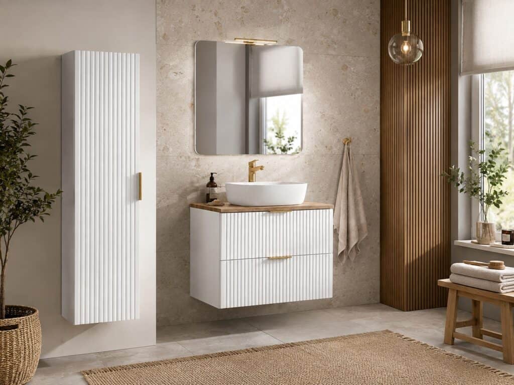 Tall Bathroom Cabinet White Slim Narrow Storage Unit Ribbed Fluted Door Floating Furniture - Adel
