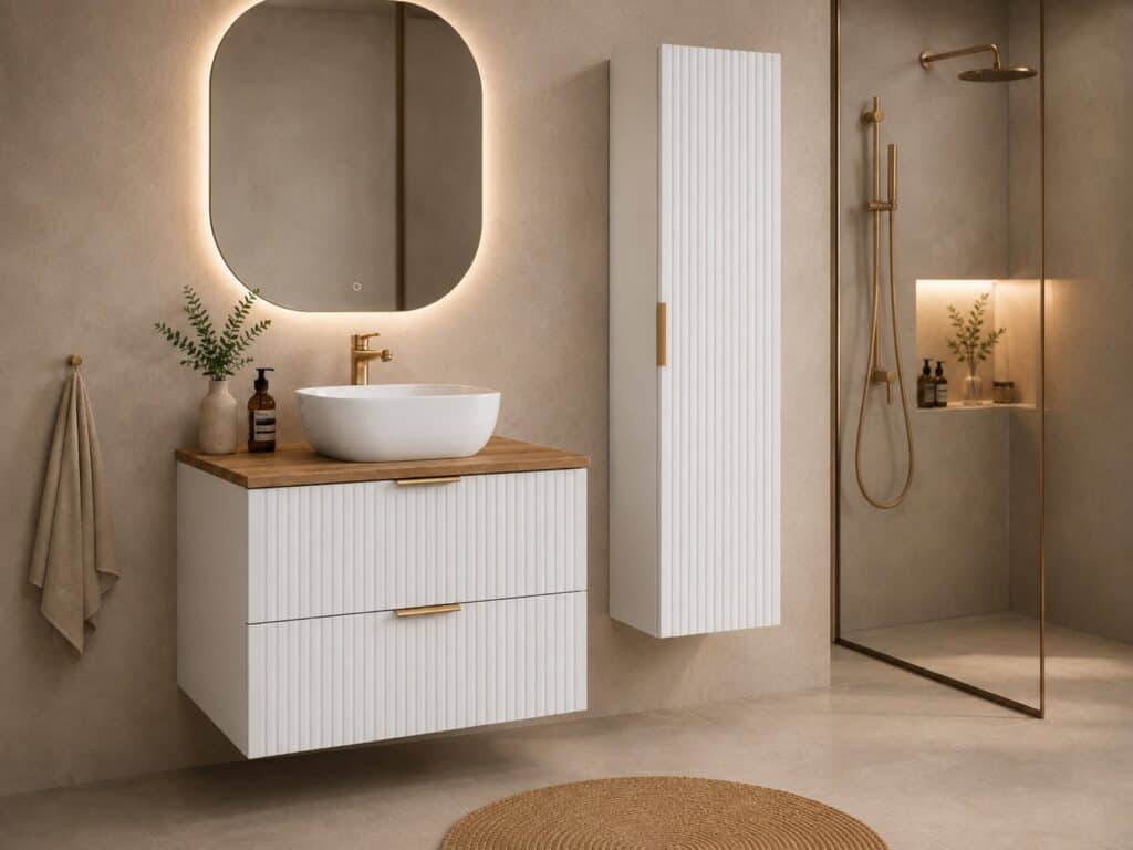 Tall Bathroom Cabinet White Slim Narrow Storage Unit Ribbed Fluted Door Floating Furniture - Adel