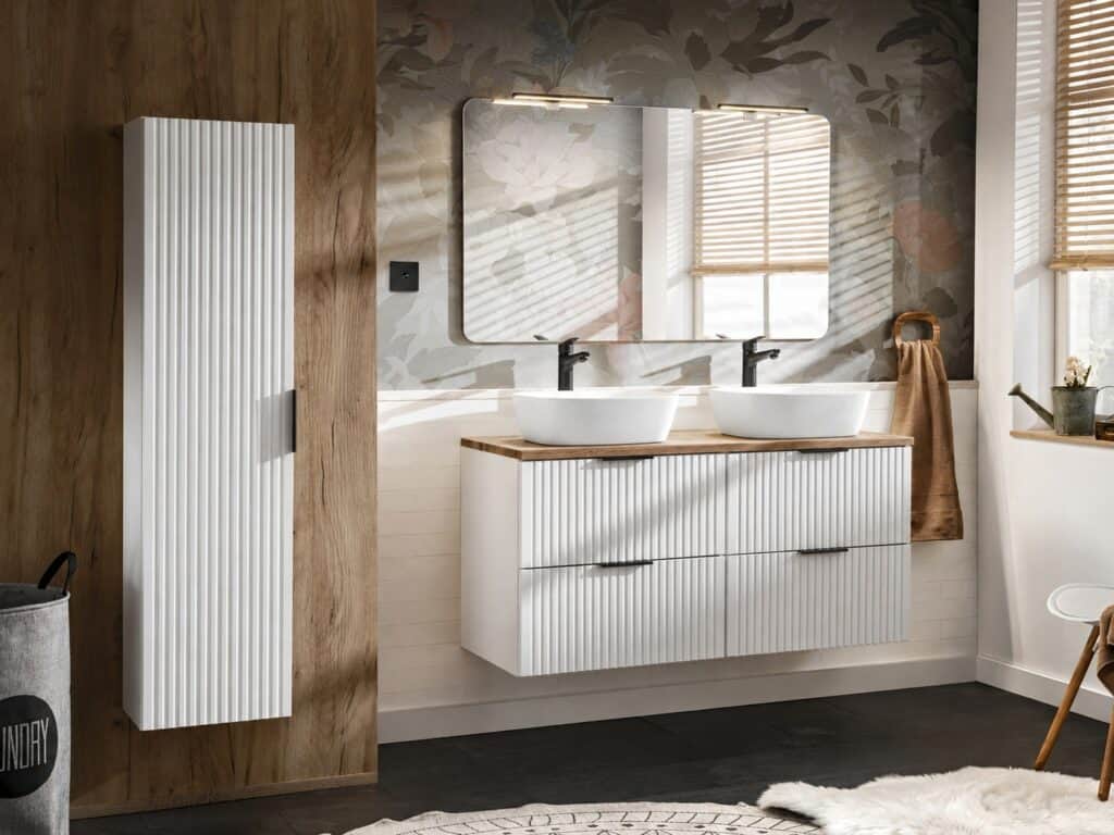 Tall Bathroom Cabinet White Slim Narrow Storage Unit Ribbed Fluted Door Floating Furniture - Adel