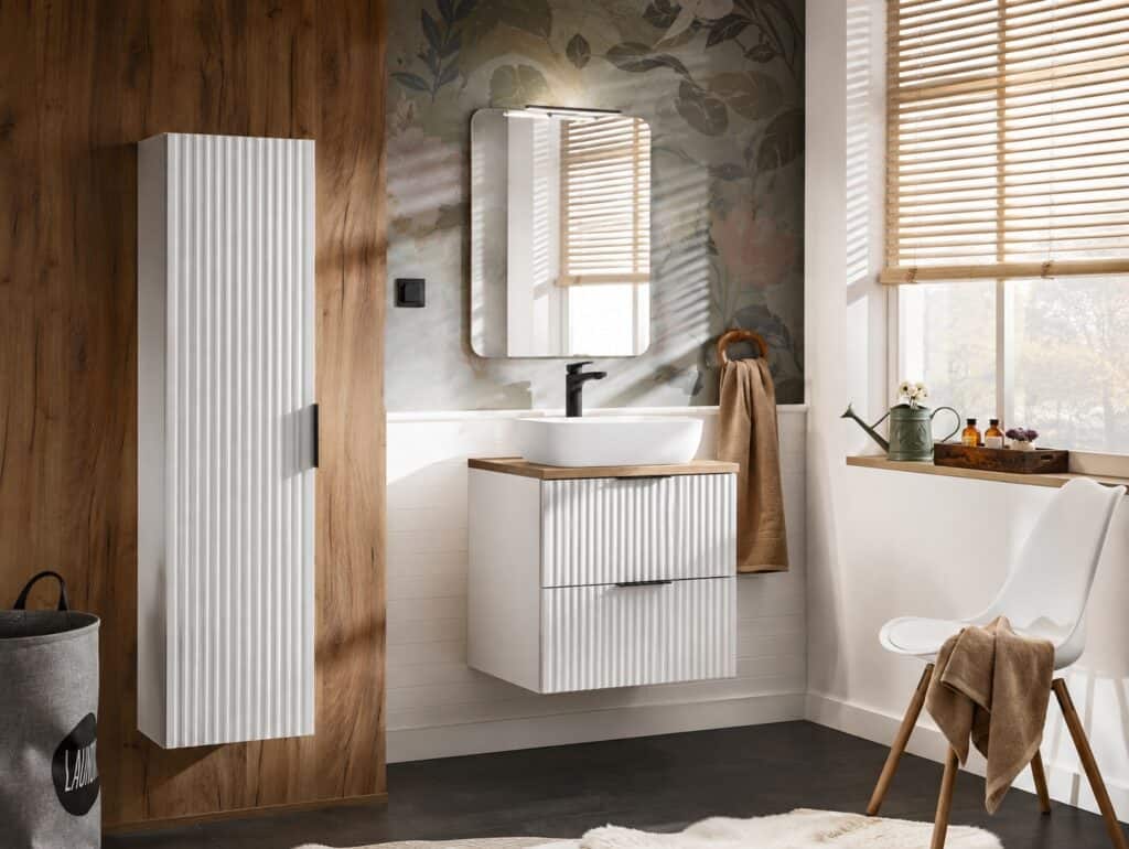 Tall Bathroom Cabinet White Slim Narrow Storage Unit Ribbed Fluted Door Floating Furniture - Adel