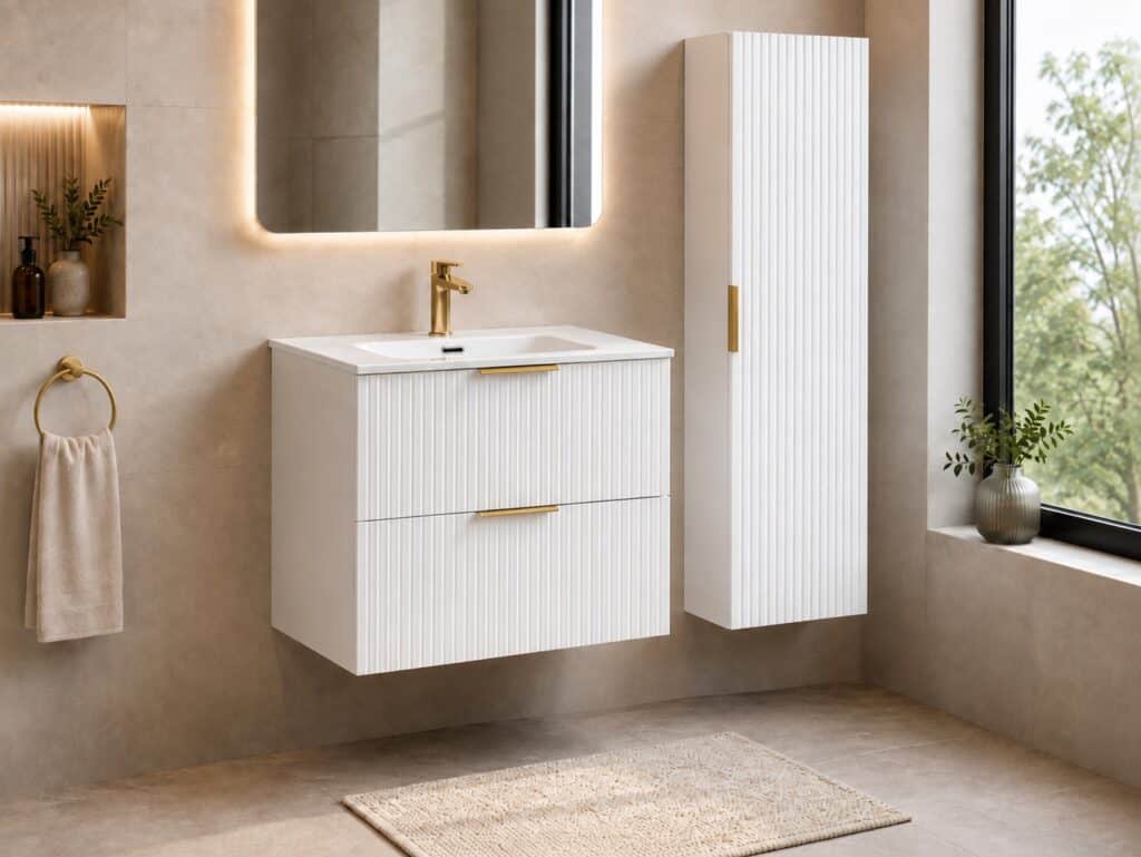 Tall Bathroom Cabinet White Slim Narrow Storage Unit Ribbed Fluted Door Floating Furniture - Adel